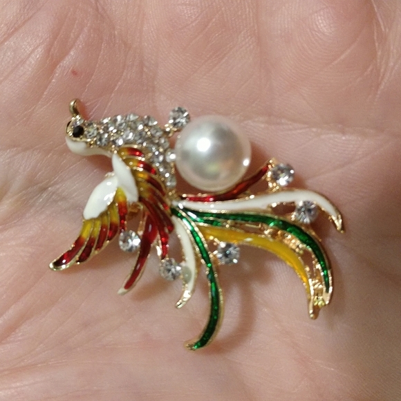 None Jewelry - Enamel Bird Long Tail Brooch Pin Faux Pearl Rhinestone Accents Bling
